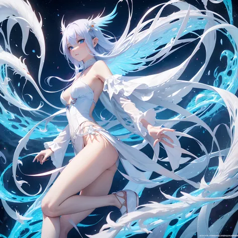 18yo Girl，colorfulhair, Blue eyes, Height 1.85, There are flaming wings, Wearing a white corset，The neckline is sexy，Highlight womens empowerment. Panties (Naked, There is no Karsingha), ((Top quality, 8K, Masterpiece: 1.4) Nine-tailed fox, Nine tails, Nin...