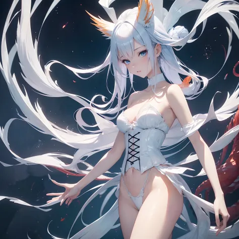 18yo Girl，colorfulhair, Blue eyes, Height 1.85, There are flaming wings, Wearing a white corset，The neckline is sexy，Highlight womens empowerment. Panties (Naked, There is no Karsingha), ((Top quality, 8K, Masterpiece: 1.4) Nine-tailed fox, Nine tails, Nin...