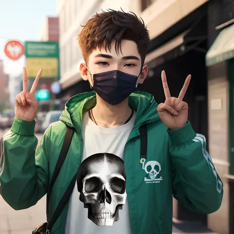 Boy with a green jacket that says chilldude holding up the peace sign and has a cat skull mask