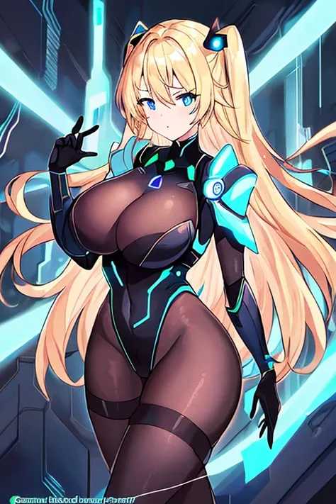 1girl, blonde hair, large breasts, breasts, thick thighs, wide hips, blue eyes, bodysuit, black bodysuit, pantyhose, long hair, serious, science-fiction, tech, futuristic, black pantyhose, thighhighs, neon, machinery, hair ornament, ornament, neon trim, an...