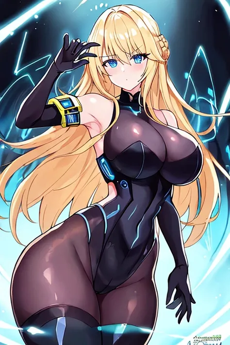 1girl, blonde hair, large breasts, breasts, thick thighs, wide hips, blue eyes, bodysuit, black bodysuit, pantyhose, long hair, serious, science-fiction, tech, futuristic, black pantyhose, thighhighs, neon, machinery, hair ornament, ornament, neon trim, an...