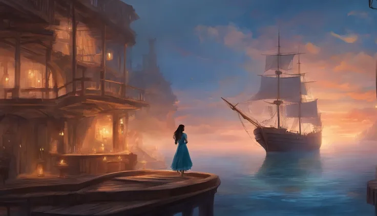 Girl with dark hair in blue dress, Standing on the deck of an old ship, One Ship, looks into the distance, dawning, Light haze, Brooding atmosphere, Sunrise on the sea