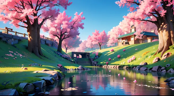 (Cherry trees,cerezo), Belleza de fondo, Antecedentes de la ciudad, Obra maestra, La mejor calidad,(Super detailed), (hermoso fondo, Antecedentes detallados), reflecion,(Arriba Disparo:1.5),(ciudad moderna)