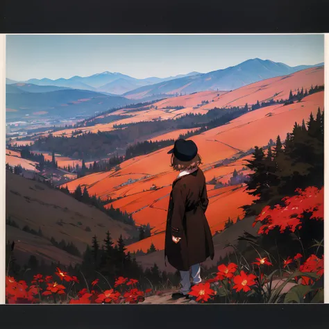 polaroid picture of Mirai Kuriyama wearing a coat and a cap standing on a tall hill, from behind, ((empty background)), winter, ((polaroid)), vintage, red glasses, manga style, far away shot, long sleeves, 1girl, casual clothes, full body, mountain, flower...