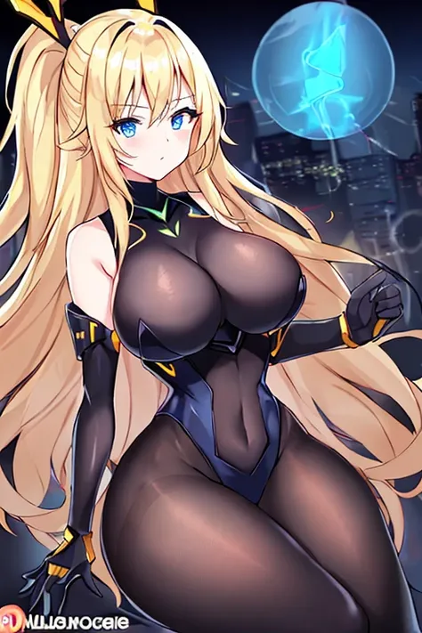 1girl, blonde hair, large breasts, breasts, thick thighs, wide hips, blue eyes, bodysuit, black bodysuit, pantyhose, long hair, serious, science-fiction, tech, futuristic, black pantyhose, thighhighs, neon, machinery, hair ornament, ornament, neon trim, an...