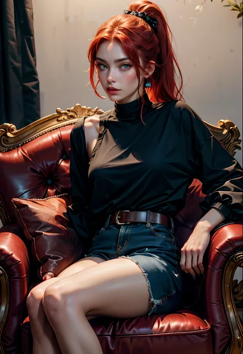 Beautiful woman with blue eyes, red hair, ponytail, black blouse and black shorts, crown on her head, sitting in an armchair