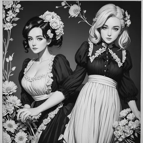 Black and white bar figure 1 Girl with flowers,  Lots of flowers in the background, Lori in dress with flowers, Its fine ink lineart, Comic style, Portrait of a Prussian girl, Marilyn Munro, Hollywood highlights, beautiful line art, Black and white comic s...