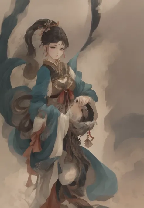 Gu Kaizhi&Zhang Xuans ancient beauty，Ancient Chinese costumes are gorgeous and exquisite，Shy face，Willow eyebrows and coiled hair，Background of gold leaf and flowing clouds，Cranes surrounding，Gentle eyes，Exquisite clothing patterns and color schemes，Realis...