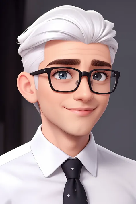 Um homem de 30 anos, com cabelos castanhos curtos,face de diamante, olhar rigoroso, e olhos castanhos, Wearing white white shirt with tie and glasses.