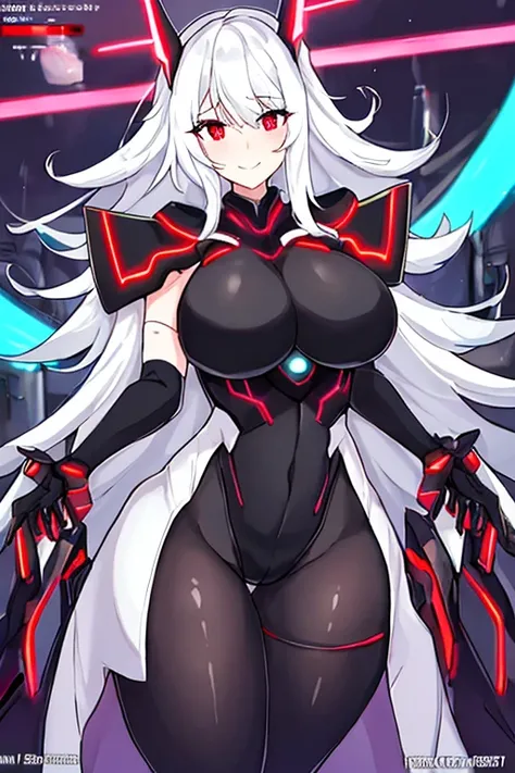 1girl, white hair, large breasts, breasts, thick thighs, wide hips, red eyes, bodysuit, black bodysuit, pantyhose, long hair, light smile, happy, science-fiction, tech, futuristic, black pantyhose, thighhighs, neon, machinery, hair ornament, ornament, neon...