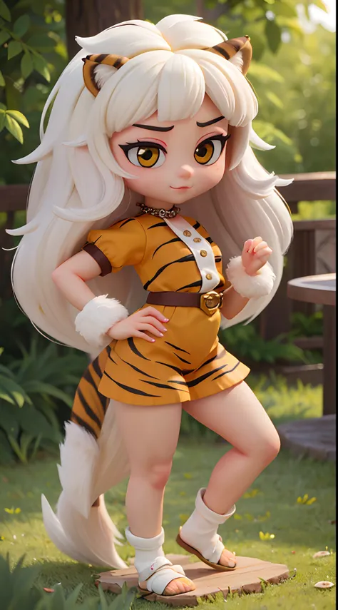 She is very beautiful because she is a tiger beastman、white and beautiful skin、Yellow eyes、Big eyes、Hairless labia、Tiger tail、tchibi、Mega Mini、Megachibi、