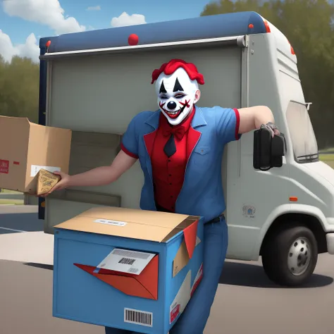 Terrifier clown driving a mail truck