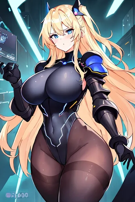 1girl, blonde hair, large breasts, breasts, thick thighs, wide hips, blue eyes, bodysuit, black bodysuit, pantyhose, long hair, serious, science-fiction, tech, futuristic, black pantyhose, thighhighs, neon, machinery, hair ornament, ornament, neon trim, an...