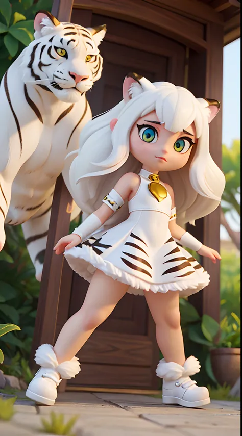 She is very beautiful because she is a white tiger beastman、white and beautiful skin、Yellow eyes、Big eyes、Hairless labia、Tiger tail、tchibi、Mega Mini、Megachibi、