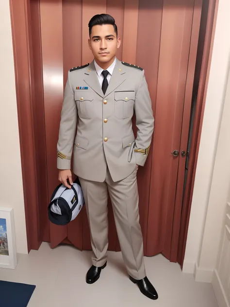 Estilo disney pixar, Hay un hombre morocho latino de traje y corbata de pie, Uniforme completo, Lleva uniformee militar de color arena, Agente de seguridad, Uniforme de gala completo, Equipo militar