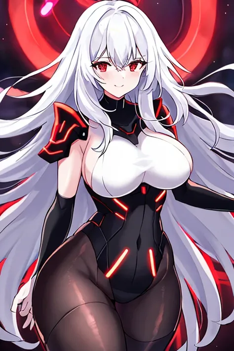 1girl, white hair, large breasts, breasts, thick thighs, wide hips, red eyes, bodysuit, black bodysuit, pantyhose, long hair, light smile, happy, science-fiction, tech, futuristic, black pantyhose, thighhighs, neon, machinery, hair ornament, ornament, neon...