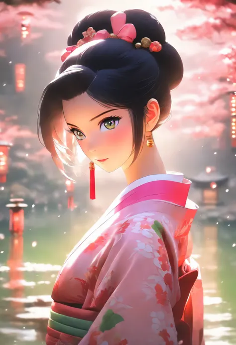 depth of field, soft lighting, high contrast, sharp focus, 1 girl, pink tradition kimono, black hair, medium hair, green eyes, looking at viewer, people, ponds, hills, fog