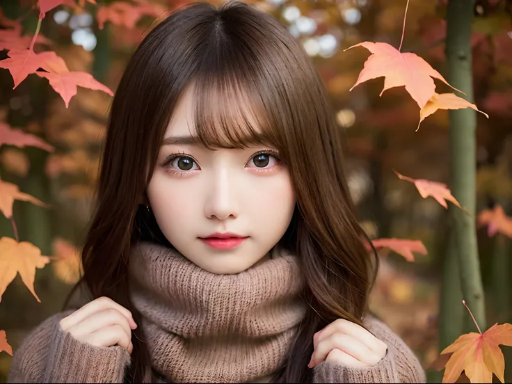 masutepiece, Best Quality, One girl, (a beauty girl, kawaii:1.3), (20 years old:1.3), Very fine eye definition, (Symmetrical eyes:1.3), (Autumn leaves), (Sweaters, scarf:1.2), Big breasts, Big Tits, large full breasts, Double D Size, Show cleavage, Brown e...