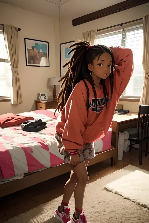 girl, brown skin, asian, dreads, pajama sweatshirt, shorts, air jordan, bedroom sexy pose