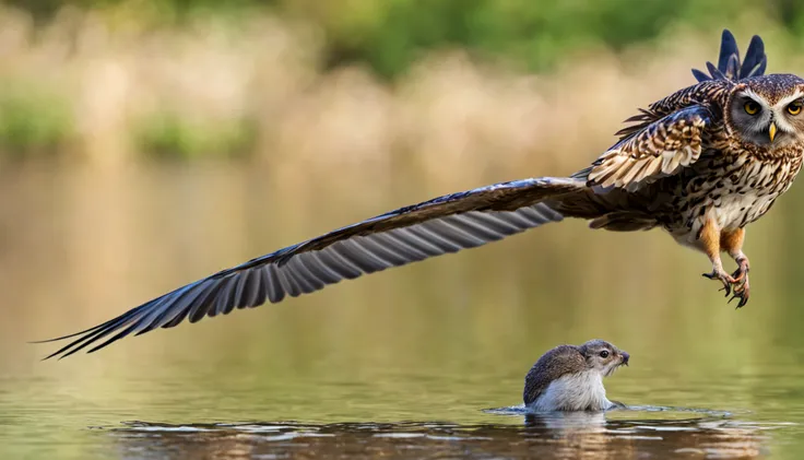 Owl flies over water with a mouse，imagem invertida，foco nítido，Bokeh，profundidade de campos，Obras de mestres，super-fino，hyper-realistic，8k，melhor qualidade de imagem，Detailed description