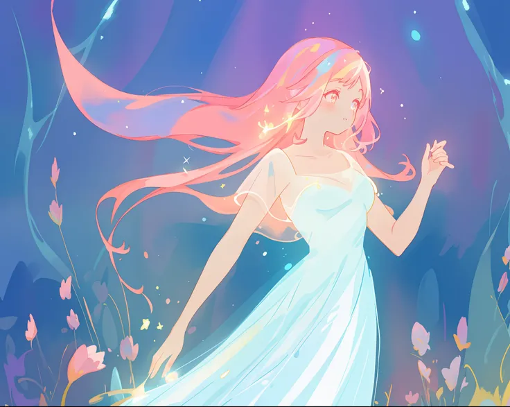 beautiful girl in glowing white dress, ((flowing white ballgown)), vibrant pastel colors, (colorful), magical lights, long flowing colorful pink hair, ((glowing aura around her)), flowing glowing hair, fantasia landscape background, whimsical, magical, fan...