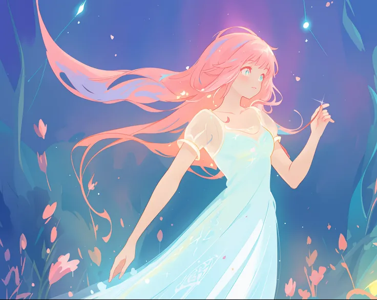 beautiful girl in glowing white dress, ((flowing white ballgown)), vibrant pastel colors, (colorful), magical lights, long flowing colorful pink hair, ((glowing aura around her)), flowing glowing hair, fantasia landscape background, whimsical, magical, fan...