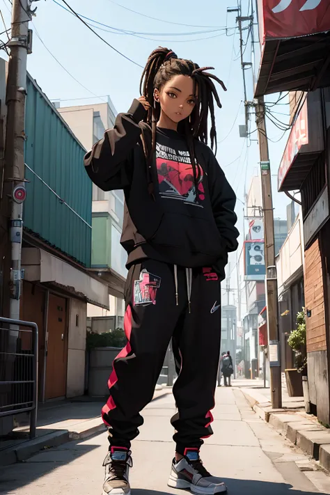 cyberpunk, girl, brown skin, asian, dreads, sweatshirt, sweatpants, air jordan, sexy pose