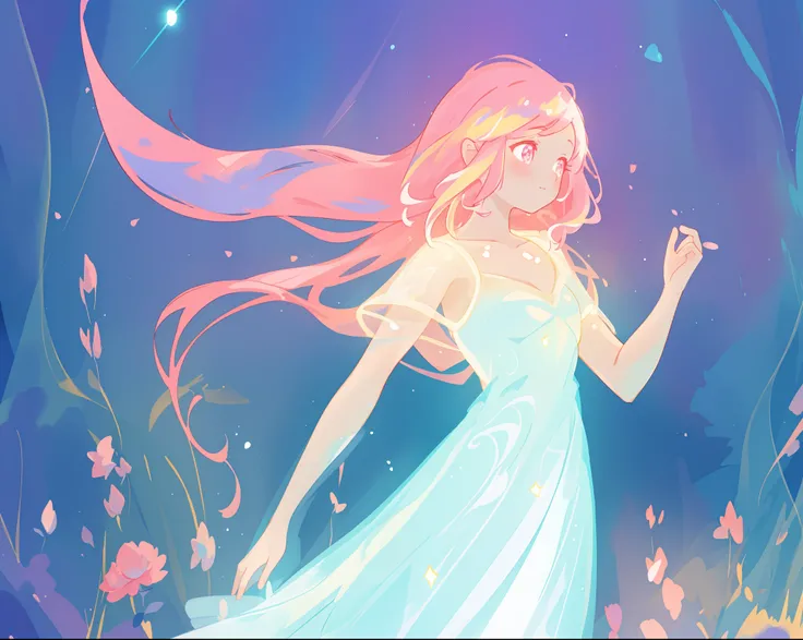 beautiful girl in glowing white dress, ((flowing white ballgown)), vibrant pastel colors, (colorful), magical lights, long flowing colorful pink hair, ((glowing aura around her)), flowing glowing hair, fantasia landscape background, whimsical, magical, fan...