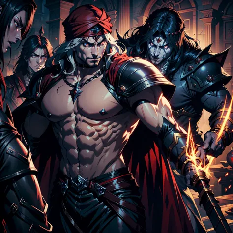 Castlevania Hyper Realistic Shadow Lord Super Detailed Dynamic Shot Master Piece of Lord Dracula Medieval Arab Warrior with Red Turban Scary Face Hokuto No Ken Structure Face Muscular Kenshiro Leading Troops Army of Demons to Battle Sharp Details Cinematic...