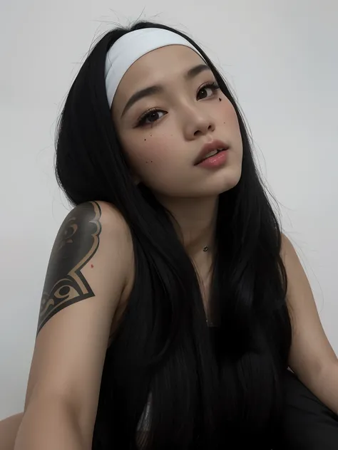 Arafed woman with long black hair and a white headband, Asian face, south east asian with round face, detailed face of a asian girl, an Asian woman, asian nymph bald goddess, Asian girl, basia tran |, a young asian woman, Asian woman, asian features, Mai A...