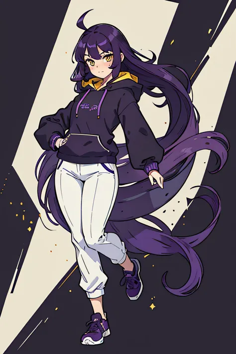 best quality, masterpiece, illustration:1.1), [[[1woman]]], ((Dark Purple hair)), yellow eyes, handsome, perfect body, perfect proportions, full body, full body pose, no background. idle pose. ((Blushing face)). black hoodie, white pants,