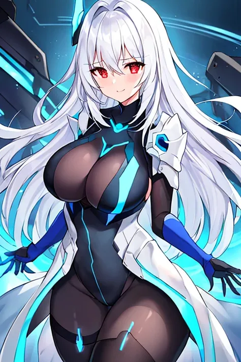 1girl, white hair, large breasts, breasts, thick thighs, wide hips, red eyes, bodysuit, black bodysuit, pantyhose, long hair, light smile, happy, science-fiction, tech, futuristic, black pantyhose, thighhighs, neon, machinery, hair ornament, ornament, neon...