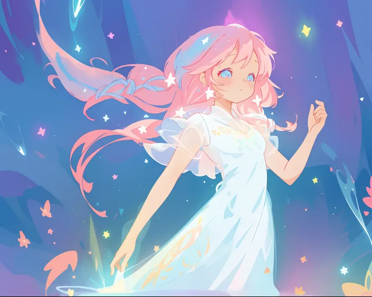 beautiful girl in glowing white dress, ((flowing white ballgown)), vibrant pastel colors, (colorful), magical lights, long flowing colorful pink hair, ((glowing aura around her)), flowing glowing hair, fantasia landscape background, whimsical, magical, fan...