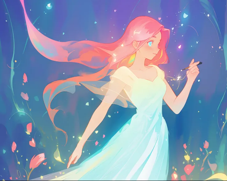 beautiful girl in glowing white dress, ((flowing white ballgown)), (looking away, profile view), vibrant pastel colors, (colorful), magical lights, long flowing colorful pink hair, ((glowing aura around her)), flowing glowing hair, fantasia landscape backg...