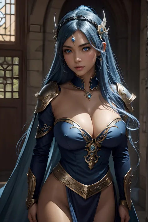 8K、Dark elf with very big breasts,Super beauty,Tanned realistic skin,Luxurious blue and white chest armor,Model Chute Style、(the Extremely Detailed CG Unity 8K Wallpapers)、Full shot body photos of the most beautiful artwork in the world、Front Four Poses、Da...