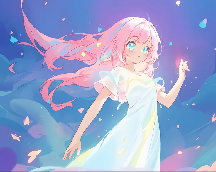 beautiful girl in glowing white dress, ((flowing white ballgown)), vibrant pastel colors, (colorful), magical lights, long flowing colorful pink hair, ((glowing aura around her)), flowing glowing hair, fantasia landscape background, whimsical, magical, fan...