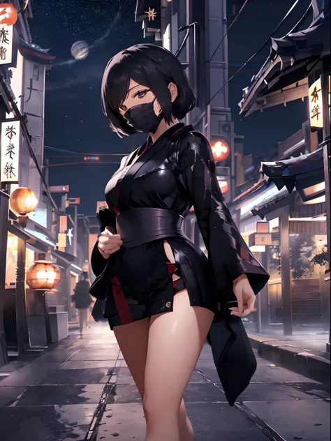 a night city with skyscrapers in the distance,sky with moon and stars,fluffy hair,stealth,kunoichi,japanese dress,wearing a mask...