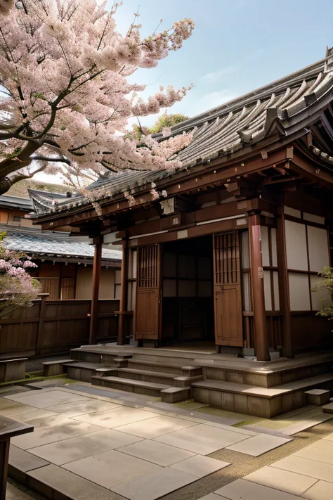 a building with a bunch of pink flowers in front of it, a picture, by Torii Kiyomasu, flickr, sōsaku hanga, an altar of a temple, kodak portra 4 0 0, sakura tree in background, high-end onsen