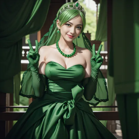 emerald tiara, Green Pearl Necklace, Boyish very short green hair, lipsticks, Japan woman smiling, very short short hair, big breasts beautiful, Green eyes, Long green gloves made of satin material, Green eyes, Emerald Earrings, green vale, v sign