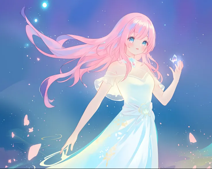 beautiful girl in glowing white dress, ((flowing white ballgown)), vibrant pastel colors, (colorful), magical lights, long flowing colorful pink hair, ((glowing aura around her)), flowing glowing hair, fantasia landscape background, whimsical, magical, fan...