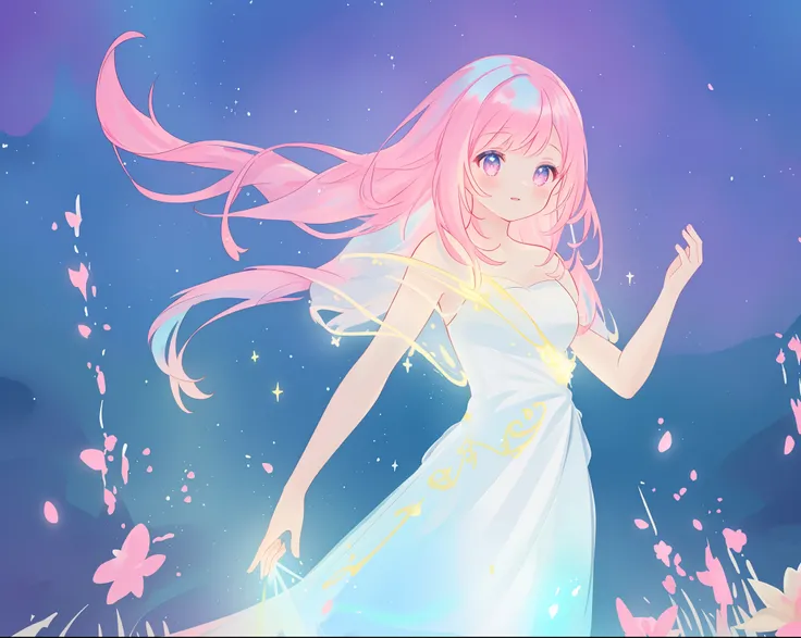 beautiful girl in glowing white dress, ((flowing white ballgown)), vibrant pastel colors, (colorful), magical lights, long flowing colorful pink hair, ((glowing aura around her)), flowing glowing hair, fantasia landscape background, whimsical, magical, fan...