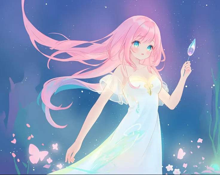 beautiful girl in glowing white dress, ((flowing white ballgown)), vibrant pastel colors, (colorful), magical lights, long flowing colorful pink hair, ((glowing aura around her)), flowing glowing hair, fantasia landscape background, whimsical, magical, fan...