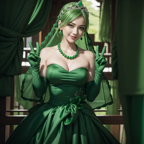 emerald tiara, Green Pearl Necklace, Boyish very short green hair, lipsticks, Japan woman smiling, very short short hair, big breasts beautiful, Green eyes, Long green gloves made of satin material, Green eyes, Emerald Earrings, green vale, v sign