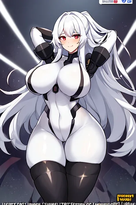 1girl, white hair, large breasts, breasts, thick thighs, wide hips, red eyes, bodysuit, black bodysuit, pantyhose, long hair, light smile, happy, science-fiction, tech, futuristic, black pantyhose, thighhighs, neon trim, anime style, 2d, anime screencap, h...