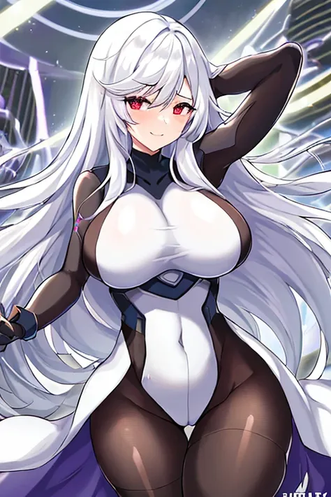 1girl, white hair, large breasts, breasts, thick thighs, wide hips, red eyes, bodysuit, black bodysuit, pantyhose, long hair, light smile, happy, science-fiction, tech, futuristic, black pantyhose, thighhighs, neon trim, anime style, 2d, anime screencap, h...