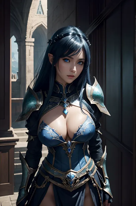 8K、Dark elf with very big breasts,Super beauty,Tanned realistic skin,Luxurious blue and white metal chest armor,Model Chute Style、(the Extremely Detailed CG Unity 8K Wallpapers)、Full shot body photos of the most beautiful artwork in the world、Front Four Po...