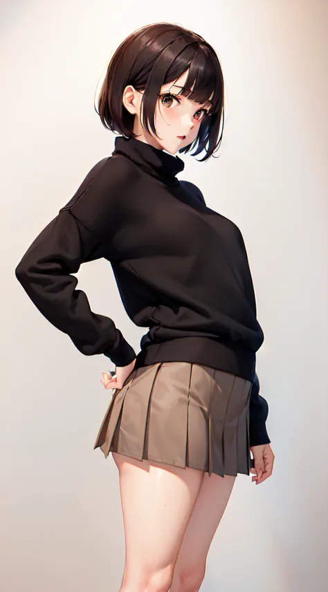 (((professional: step by step, final result god level))): "masterpiece, best quality, highres, solo 1girl, 24 years old, kr1, brown eyes, blunt bangs, kibito high school 50% uniform, sweater, pleated 10% miniskirt, socks, small breasts, leaning forward, ha...