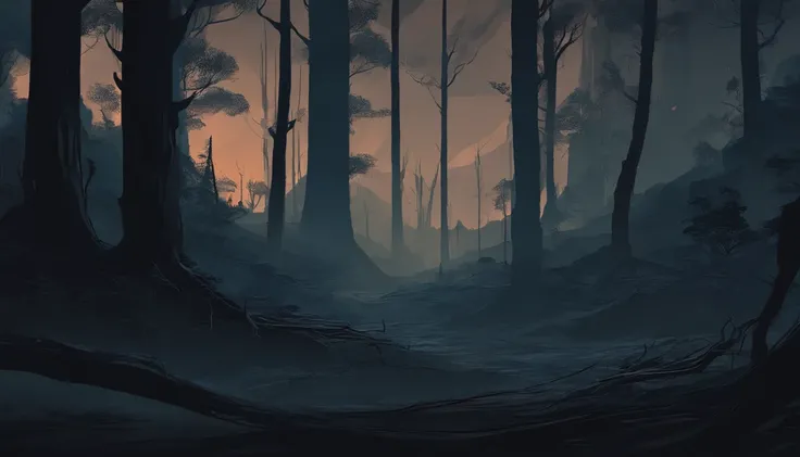 depressing, dark and dense forest at night with tall trees and many thick tree roots, woodlands