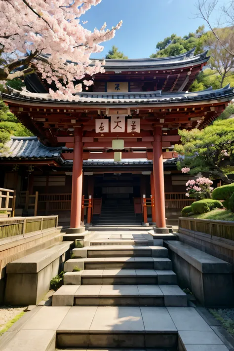 masterpiece, a building with a bunch of pink flowers in front of it, a picture, by Torii Kiyomasu, flickr, sōsaku hanga, an altar of a temple, kodak portra 4 0 0, sakura tree in background, high-end onsen, intricate details