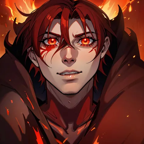 fire red demon, fire around him, in hell, glowing eyes, close up on demon